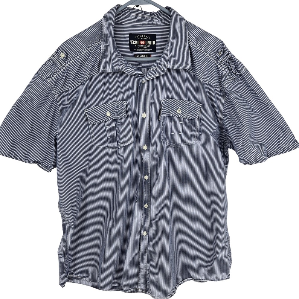Ecko Unltd Shirt Mens 3XL Blue White Stripe Short Sleeve Button Front Cotton